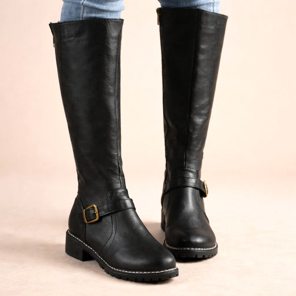Maisie | Women's Knee-High Leather Boots, Side-Zip Block Heel Riding Boots | My Sweet Wardrobe