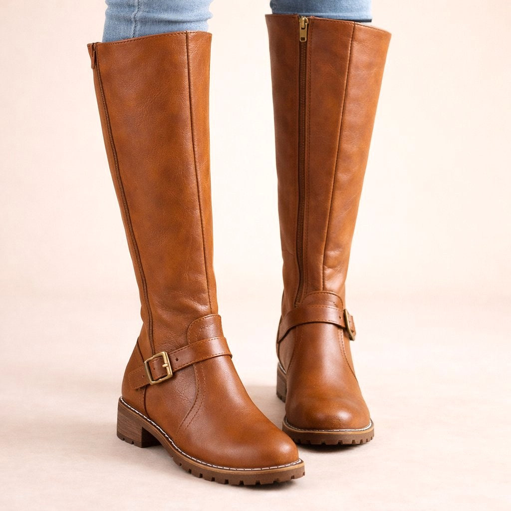 Maisie | Women's Knee-High Leather Boots, Side-Zip Block Heel Riding Boots | My Sweet Wardrobe