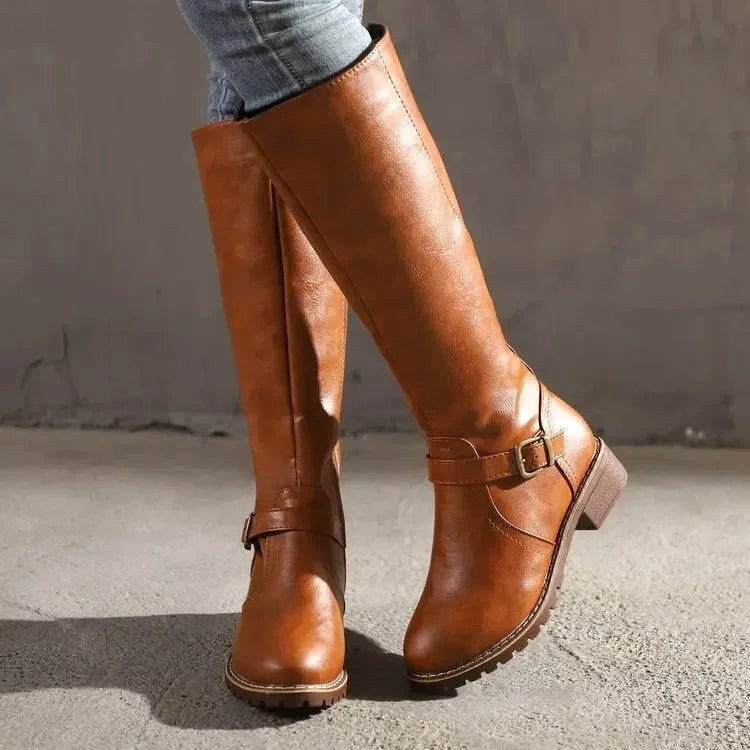 Maisie | Women's Knee-High Leather Boots, Side-Zip Block Heel Riding Boots | My Sweet Wardrobe