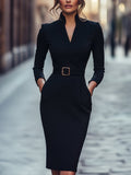 Maja | Women's Midi Dress with Belted Waist and Long Sleeves, Soft Knit Midi Dress | My Sweet Wardrobe