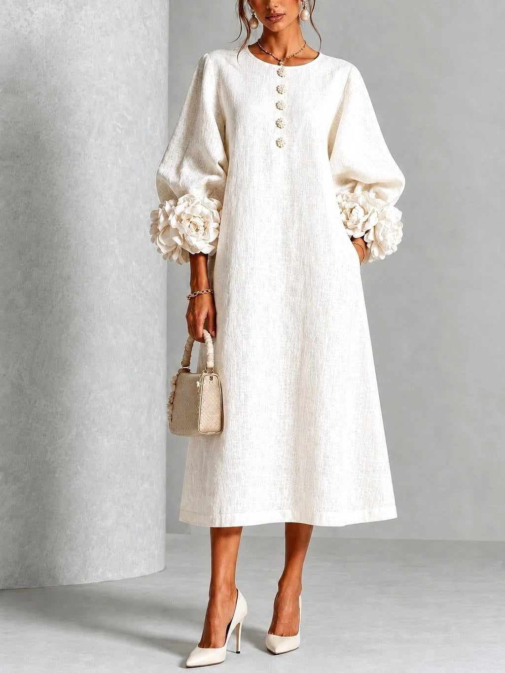 Margaret | Women's A-Line Midi Dress with Floral Cuffs | My Sweet Wardrobe