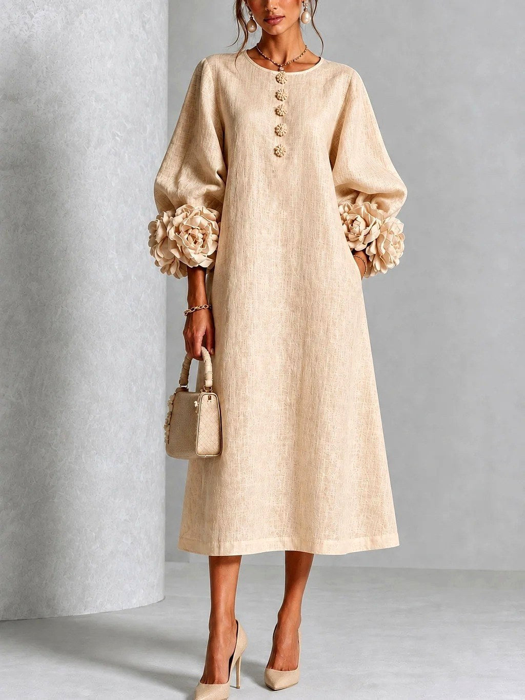 Margaret | Women's A-Line Midi Dress with Floral Cuffs | My Sweet Wardrobe