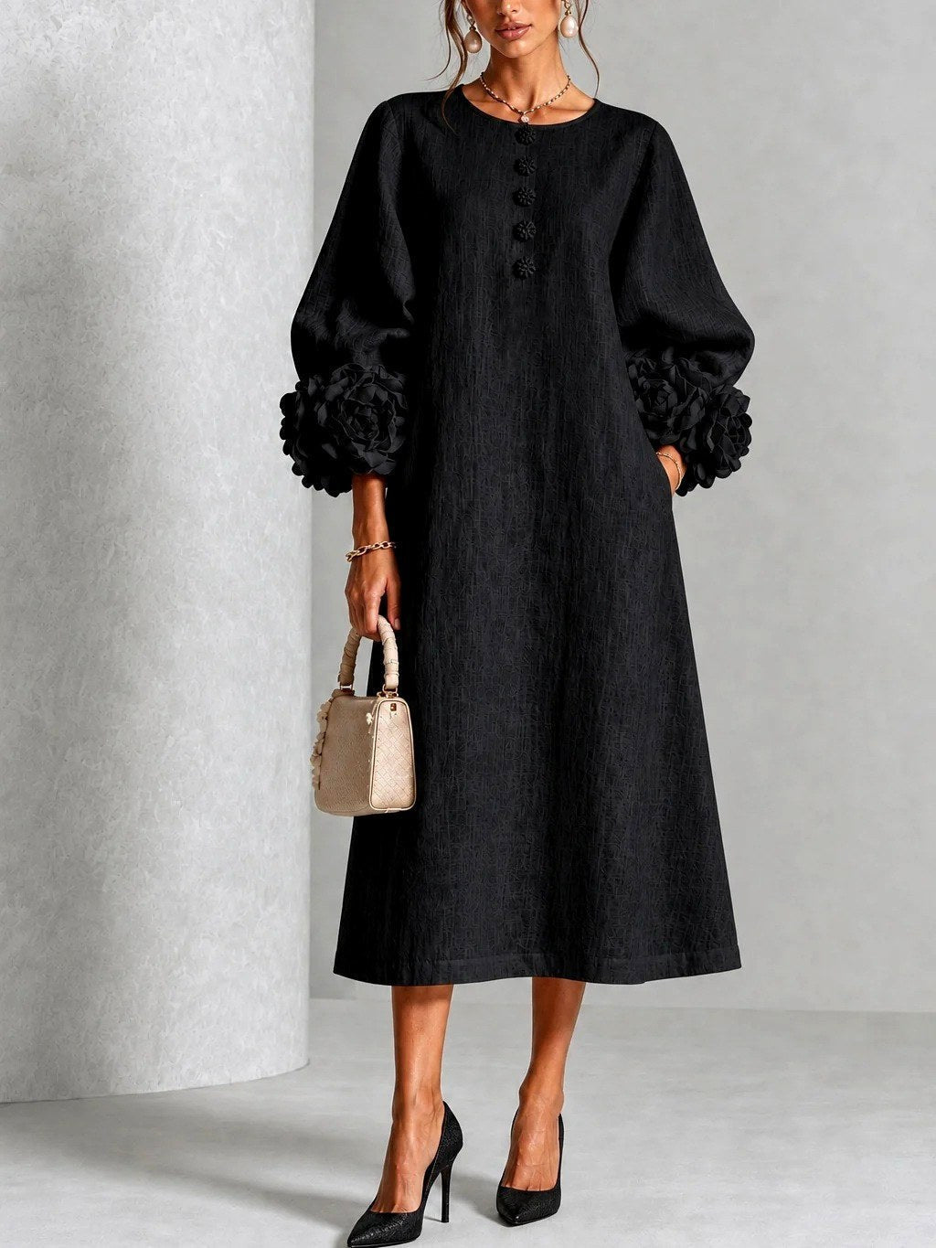 Margaret | Women's A-Line Midi Dress with Floral Cuffs | My Sweet Wardrobe
