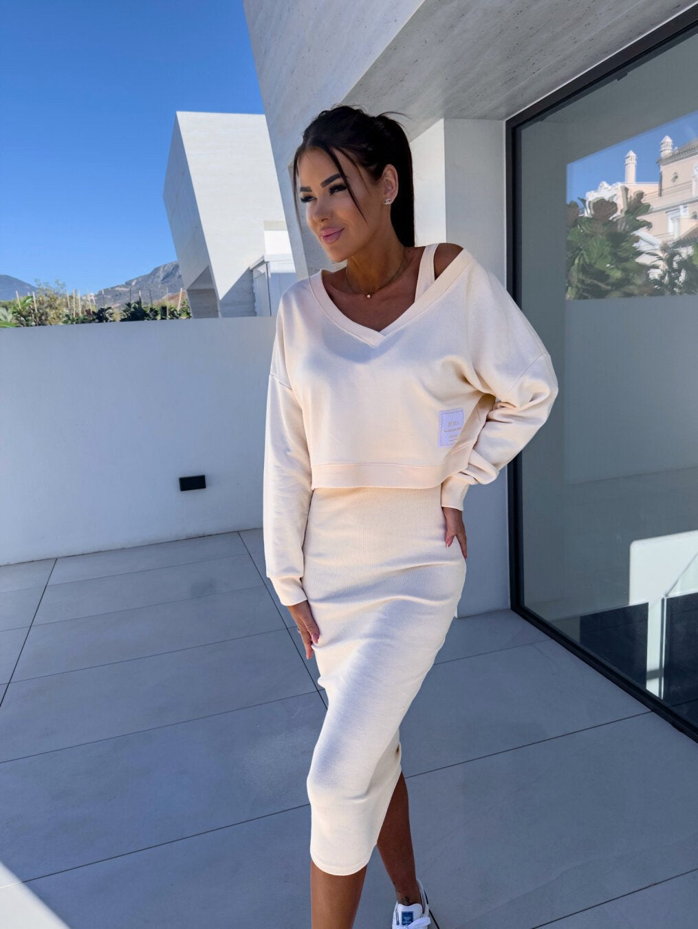 Mathilde | Women's Two-Piece Sweatshirt and Dress Set, Relaxed Layering Set | My Sweet Wardrobe | Cream