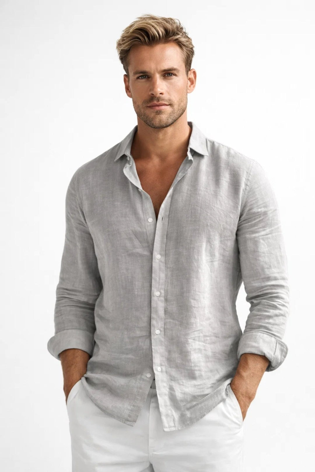 Matthew | Men's Linen Button-Down Shirt, Long Sleeve Relaxed Fit Shirt | My Sweet Wardrobe | Grey