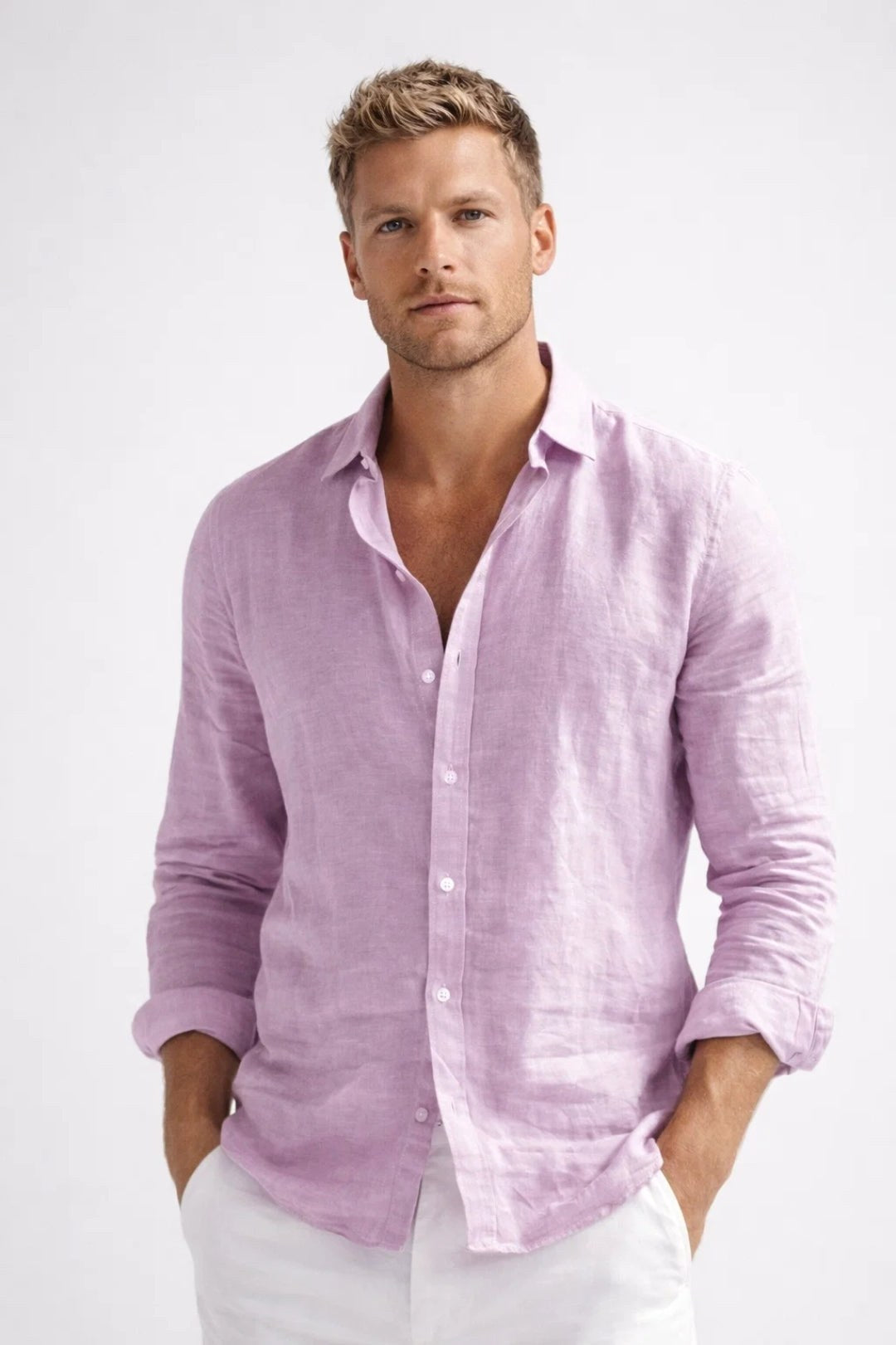 Matthew | Men's Linen Button-Down Shirt, Long Sleeve Relaxed Fit Shirt | My Sweet Wardrobe | Pink