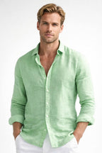 Matthew | Men's Linen Button-Down Shirt, Long Sleeve Relaxed Fit Shirt | My Sweet Wardrobe | Green