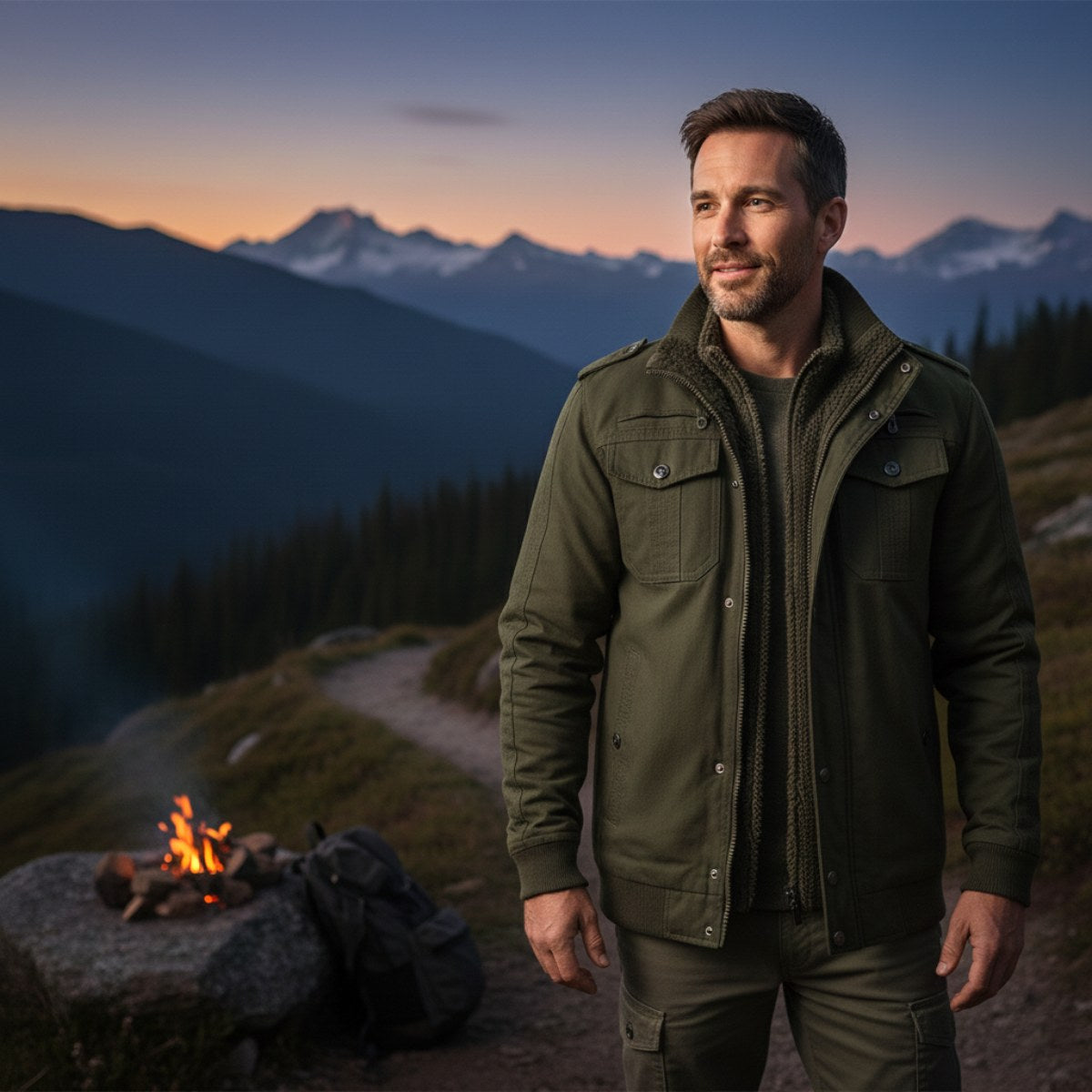 Maxwell | Men's Fleece-Lined Zip-Up Jacket, Military-Style Autumn Coat | My Sweet Wardrobe