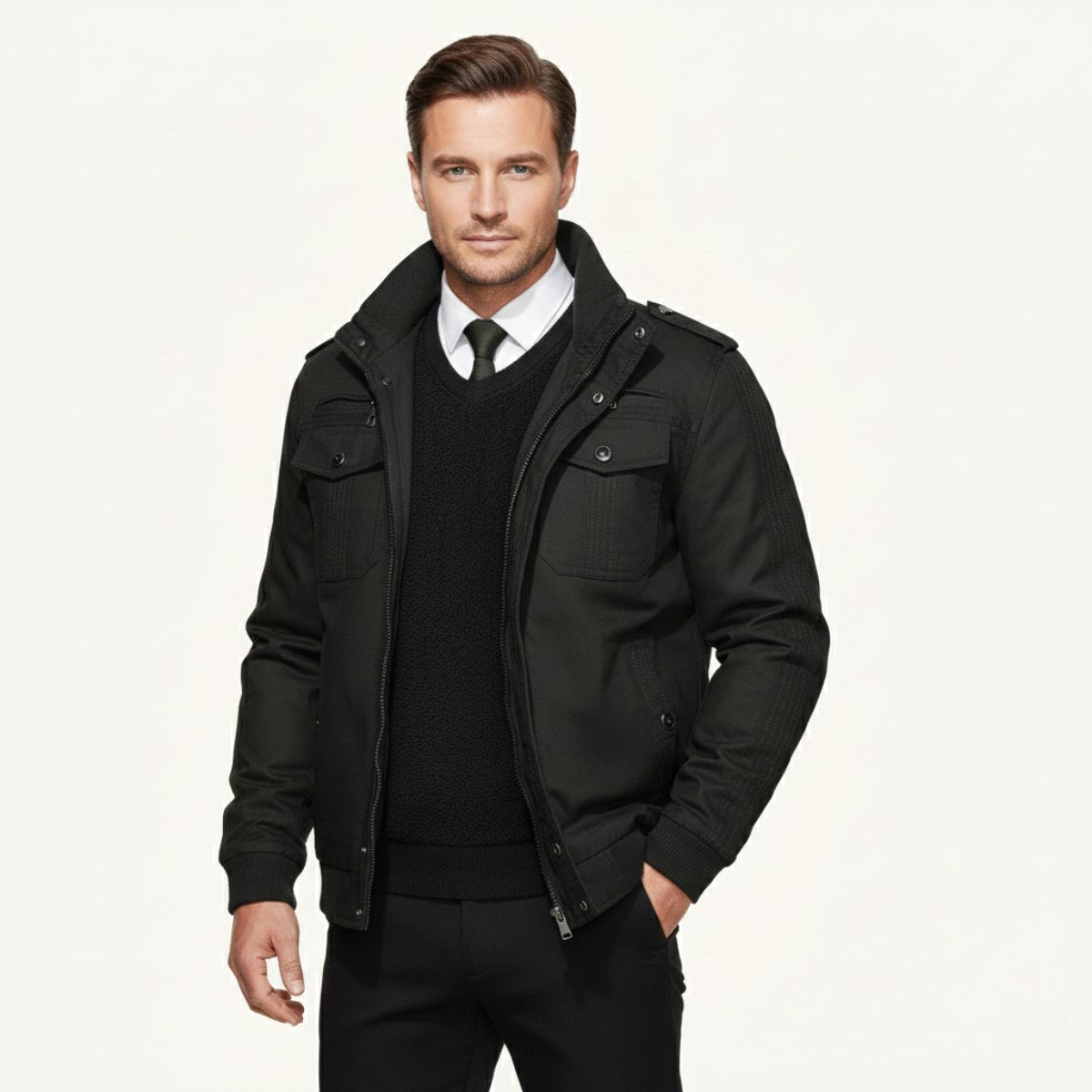 Maxwell | Men's Fleece-Lined Zip-Up Jacket, Military-Style Autumn Coat | My Sweet Wardrobe