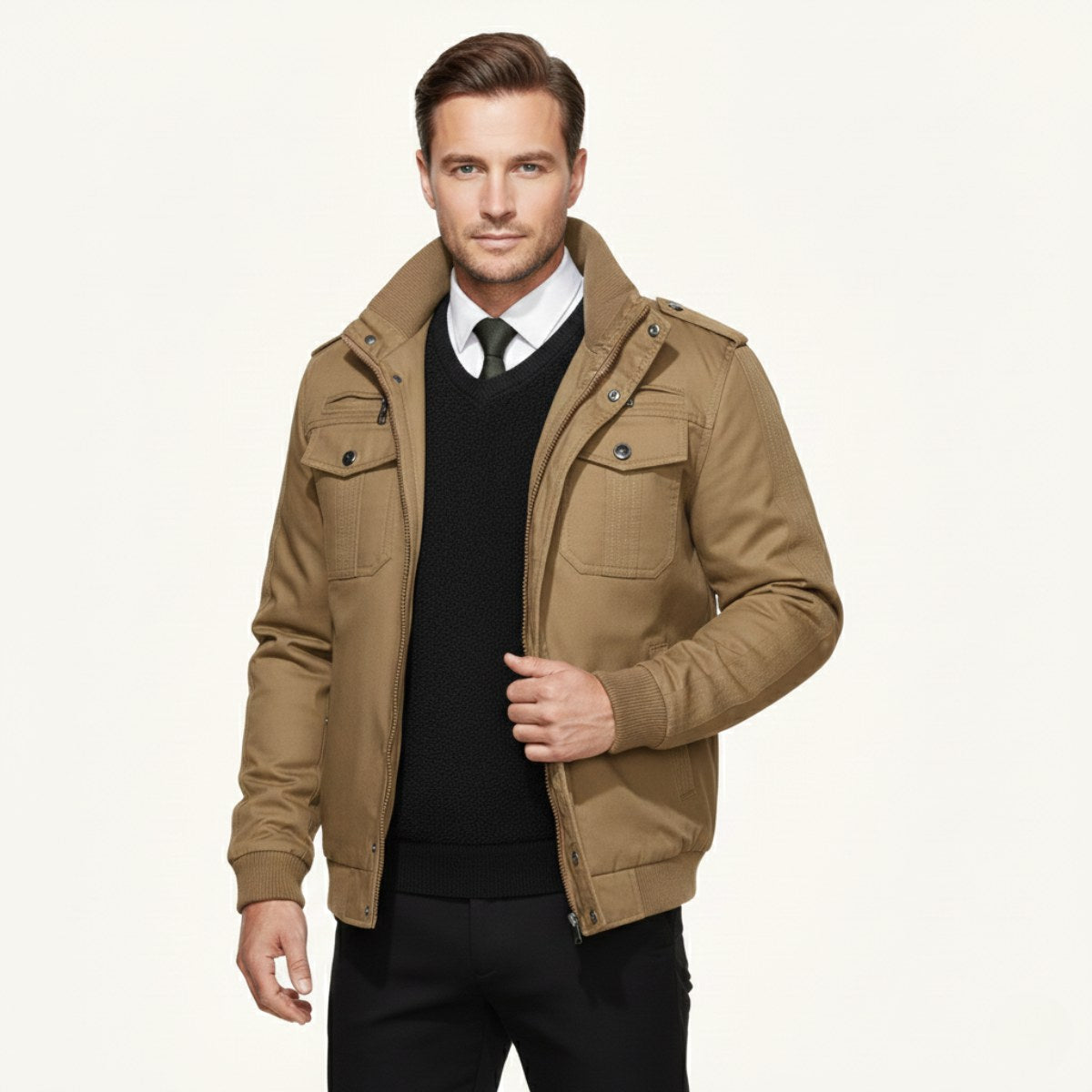 Maxwell | Men's Fleece-Lined Zip-Up Jacket, Military-Style Autumn Coat | My Sweet Wardrobe