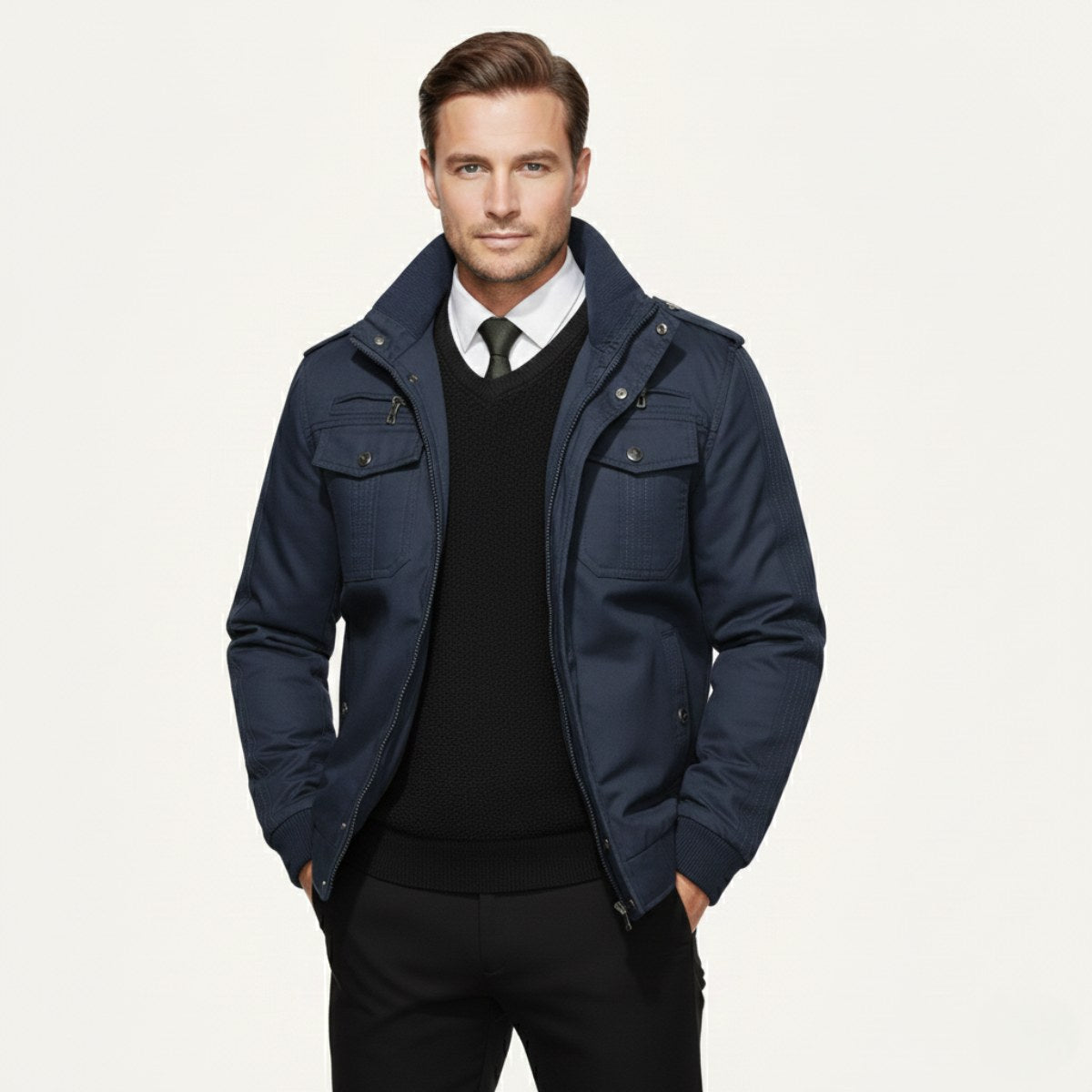 Maxwell | Men's Fleece-Lined Zip-Up Jacket, Military-Style Autumn Coat | My Sweet Wardrobe