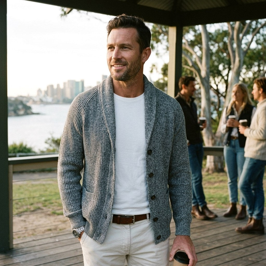 Michael | Men's Shawl Collar Cardigan with Button Front, Ribbed Knit Long Sleeve Cardigan | My Sweet Wardrobe