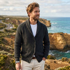 Michael | Men's Shawl Collar Cardigan with Button Front, Ribbed Knit Long Sleeve Cardigan | My Sweet Wardrobe | Khaki