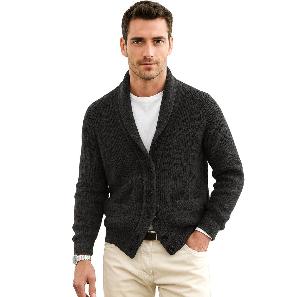 Michael | Men's Shawl Collar Cardigan with Button Front, Ribbed Knit Long Sleeve Cardigan | My Sweet Wardrobe