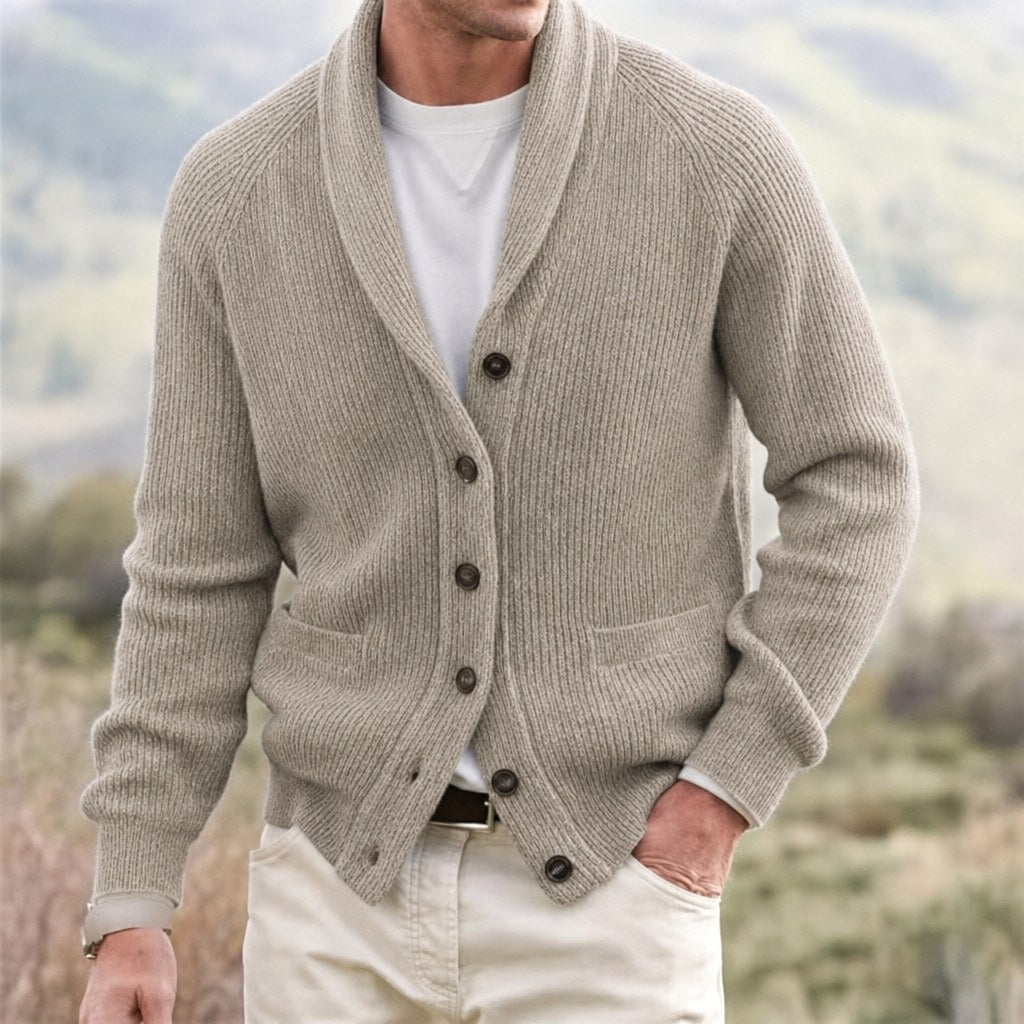 Michael | Men's Shawl Collar Cardigan with Button Front, Ribbed Knit Long Sleeve Cardigan | My Sweet Wardrobe