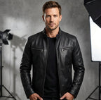 Nicholas | Men's Leather Jacket with Stand Collar, Biker Leather Jacket | My Sweet Wardrobe