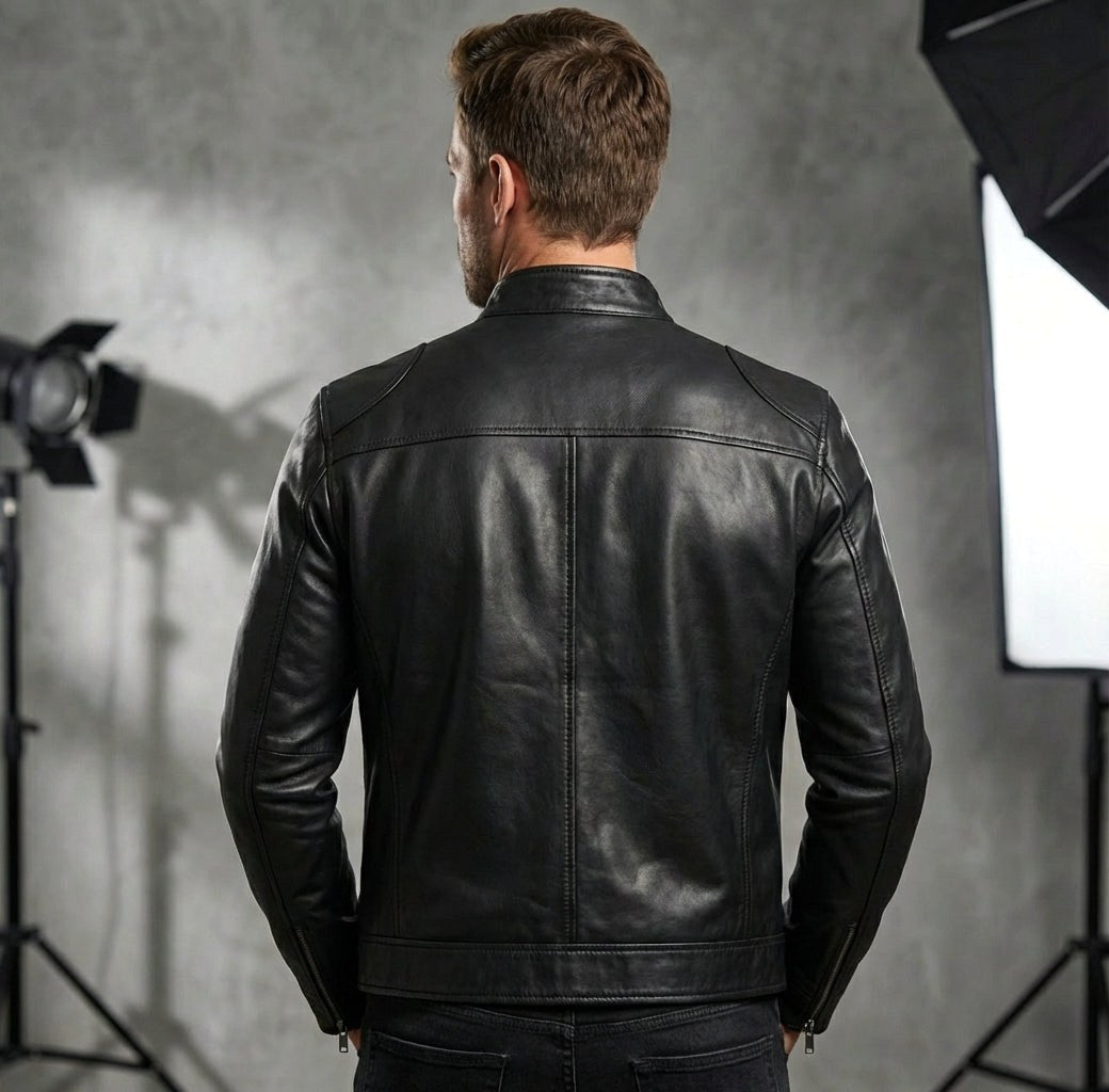 Nicholas | Men's Leather Jacket with Stand Collar, Biker Leather Jacket | My Sweet Wardrobe