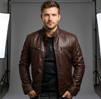 Nicholas | Men's Leather Jacket with Stand Collar, Biker Leather Jacket | My Sweet Wardrobe