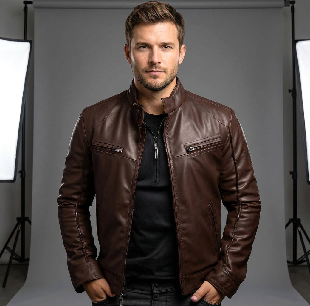 Nicholas | Men's Leather Jacket with Stand Collar, Biker Leather Jacket | My Sweet Wardrobe