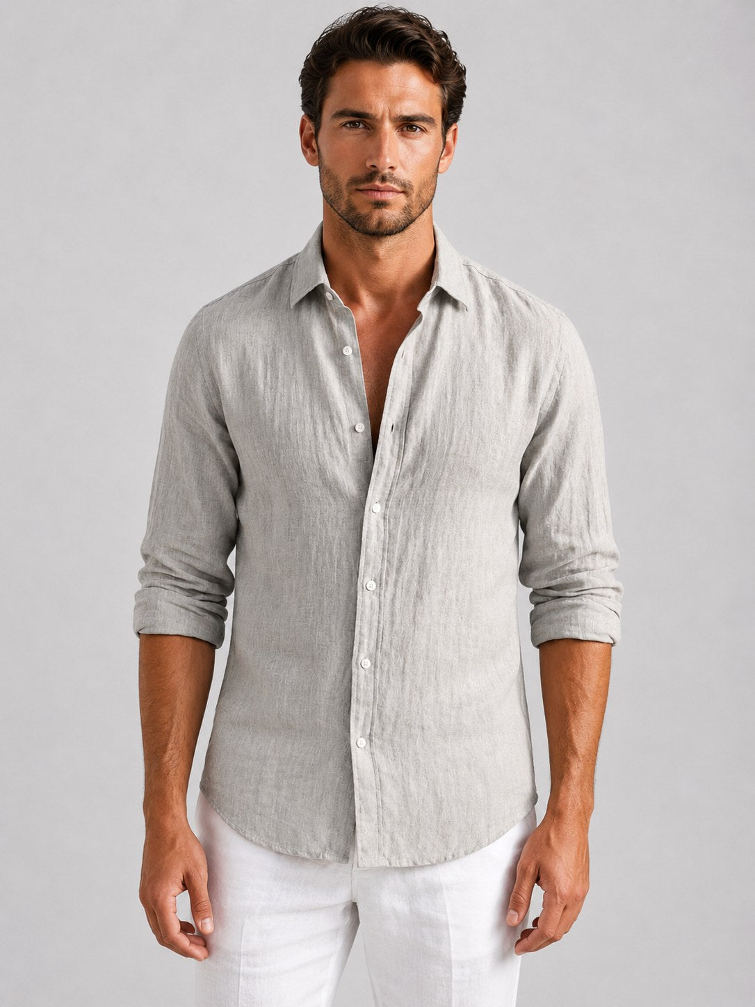 Mitchell | Men's Linen-Look Shirt, Relaxed Fit Button-Up | My Sweet Wardrobe | Beige