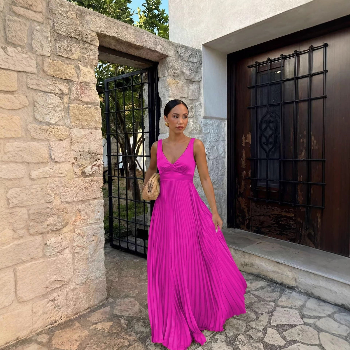 Monique | Women's Pleated Maxi Dress with V-Neckline, Formal Wedding Guest Dress | My Sweet Wardrobe | Teal