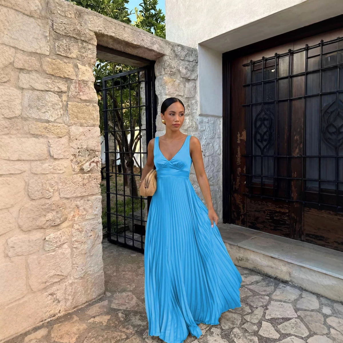 Monique | Women's Pleated Maxi Dress with V-Neckline, Formal Wedding Guest Dress | My Sweet Wardrobe | Orange-Red