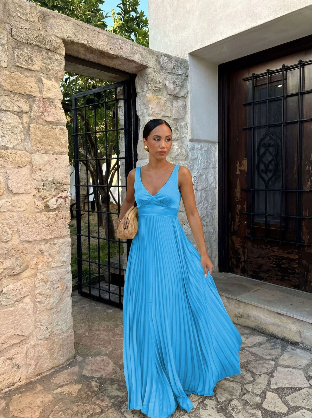 Monique | Women's Pleated Maxi Dress with V-Neckline, Formal Wedding Guest Dress | My Sweet Wardrobe