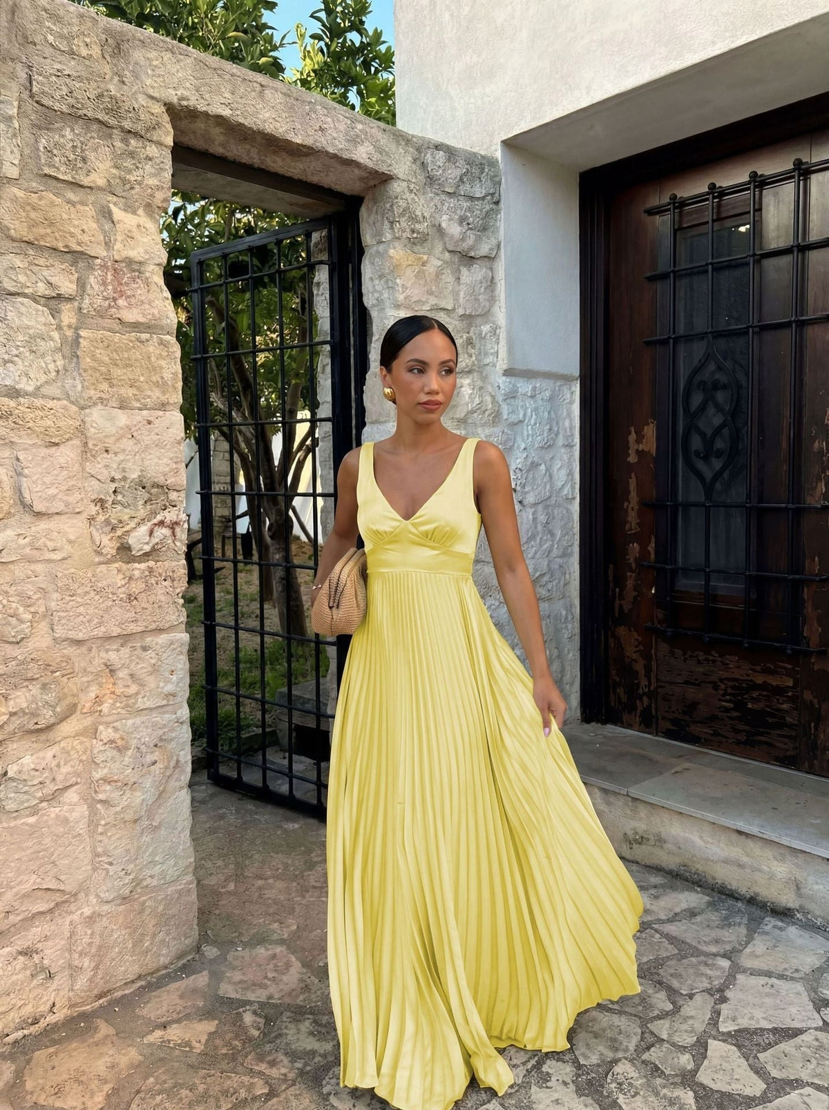 Monique | Women's Pleated Maxi Dress with V-Neckline, Formal Wedding Guest Dress | My Sweet Wardrobe