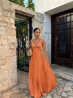 Monique | Women's Pleated Maxi Dress with V-Neckline, Formal Wedding Guest Dress | My Sweet Wardrobe