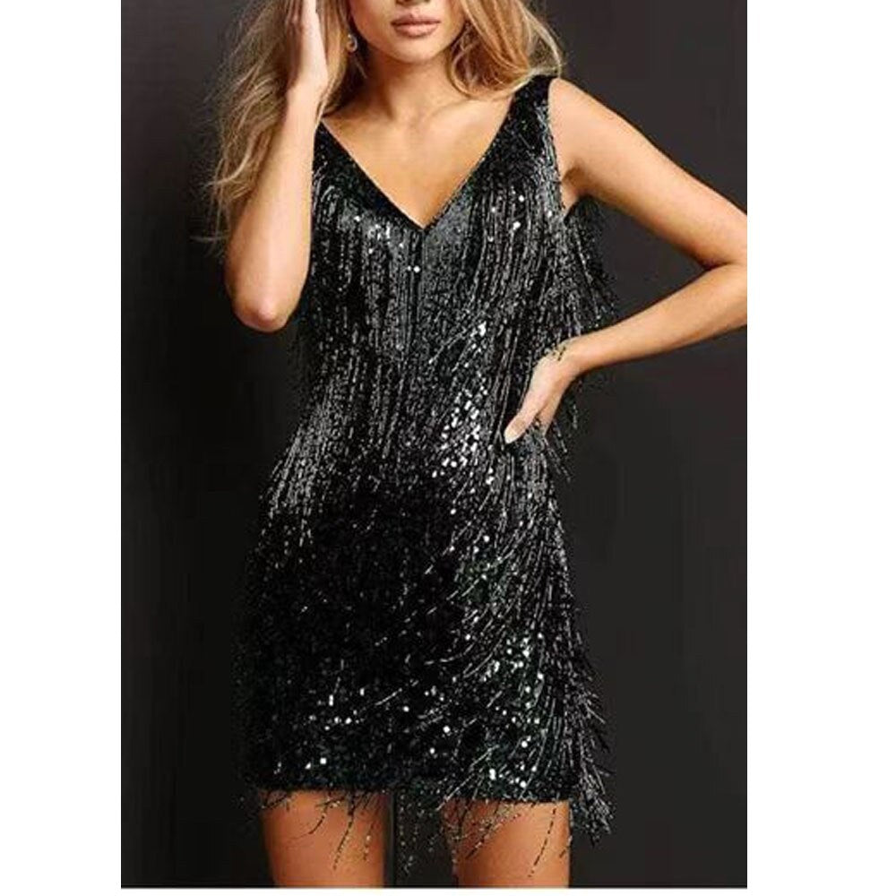 Isabelle | Women's Sequin Fringe Dress, V-Neck Evening Dress | My Sweet Wardrobe