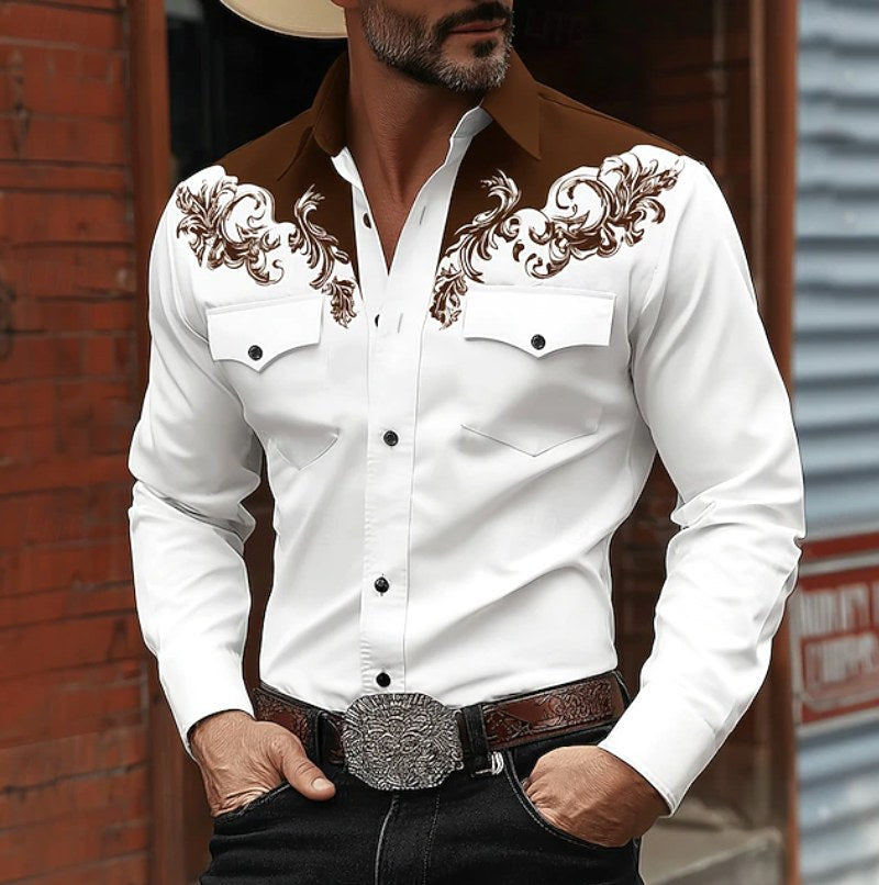 Noah | Men's Western Embroidered Button Shirt, Casual Embroidered Shirt | Dressific | Brown
