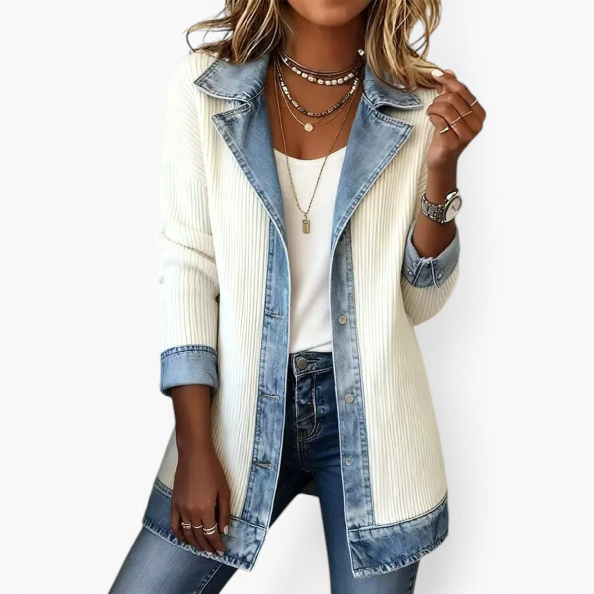 Noelle | Women's Hybrid Knit-Denim Jacket, Relaxed Button-Front Jacket | My Sweet Wardrobe