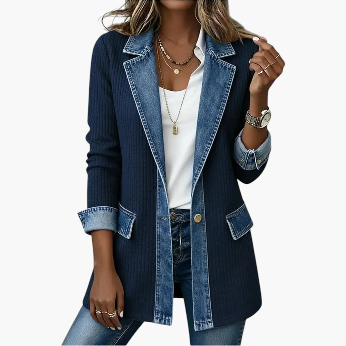 Noelle | Women's Hybrid Knit-Denim Jacket, Relaxed Button-Front Jacket | My Sweet Wardrobe