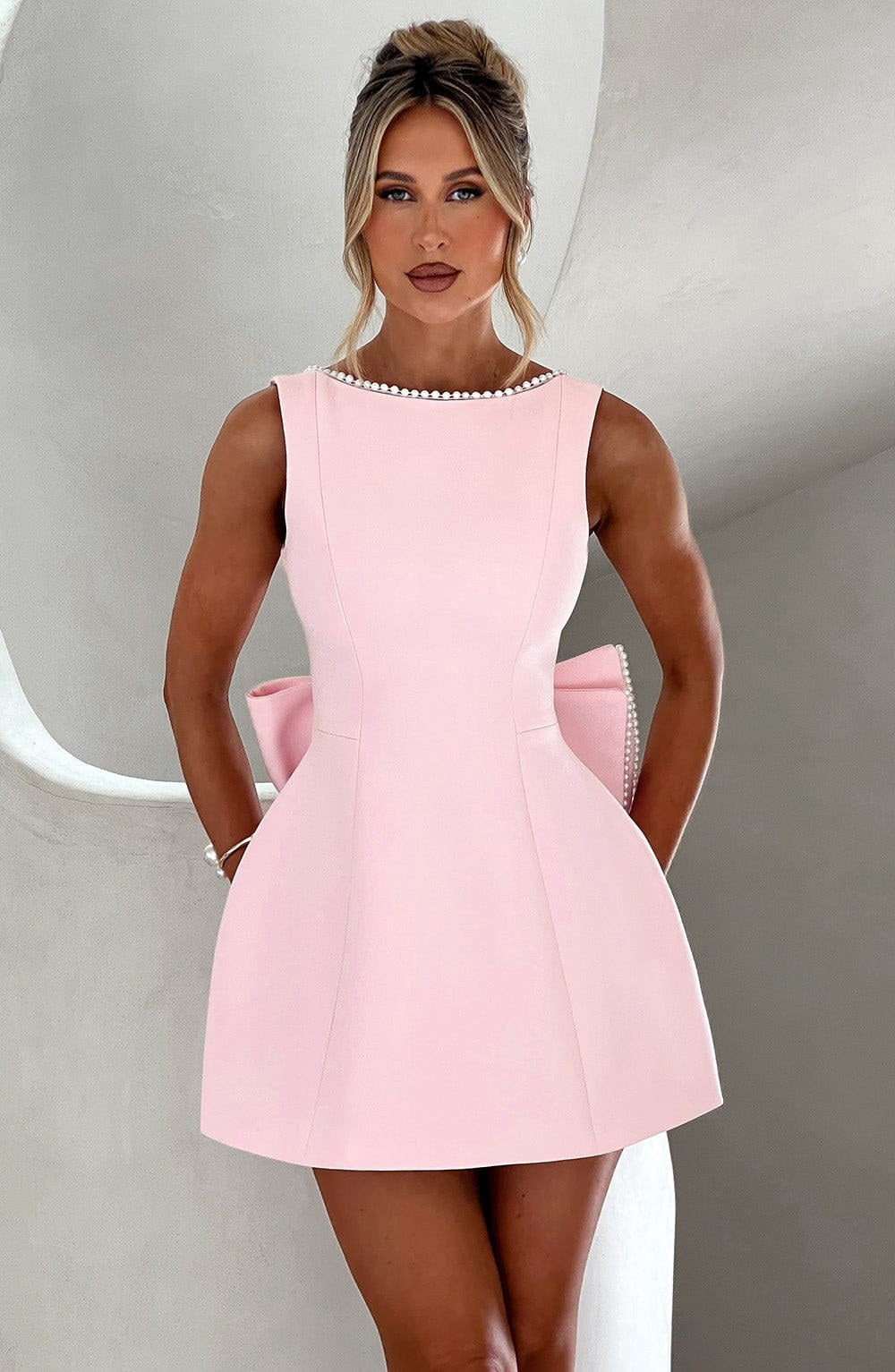 Noemie | Women's A-Line Mini Dress with Pearl Trim, Wedding Guest Dress | My Sweet Wardrobe | Pink