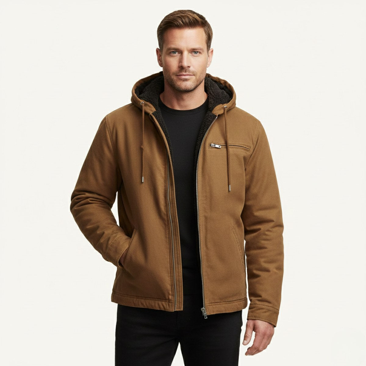 Nolan | Men's Fleece-Lined Hooded Jacket, Retro Autumn Jacket | Dressific | Khaki