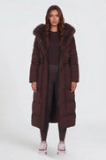 Maëlle | Women's Long Padded Winter Coat, Hooded Faux Fur Collar Jacket | My Sweet Wardrobe | Brown