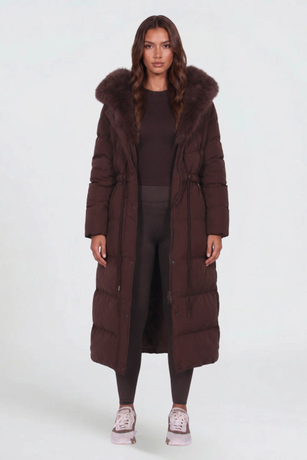 Maëlle | Women's Long Padded Winter Coat, Hooded Faux Fur Collar Jacket | My Sweet Wardrobe | Brown