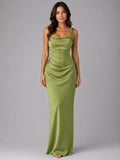 Nora | Women's Satin Maxi Dress with Ruched Waist, Sculpted Evening Dress | My Sweet Wardrobe | Green