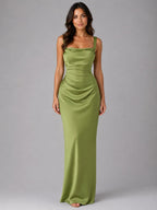 Nora | Women's Satin Maxi Dress with Ruched Waist, Sculpted Evening Dress | My Sweet Wardrobe | Green