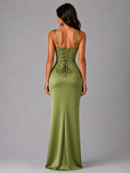 Nora | Women's Satin Maxi Dress with Ruched Waist, Sculpted Evening Dress | My Sweet Wardrobe | Navy
