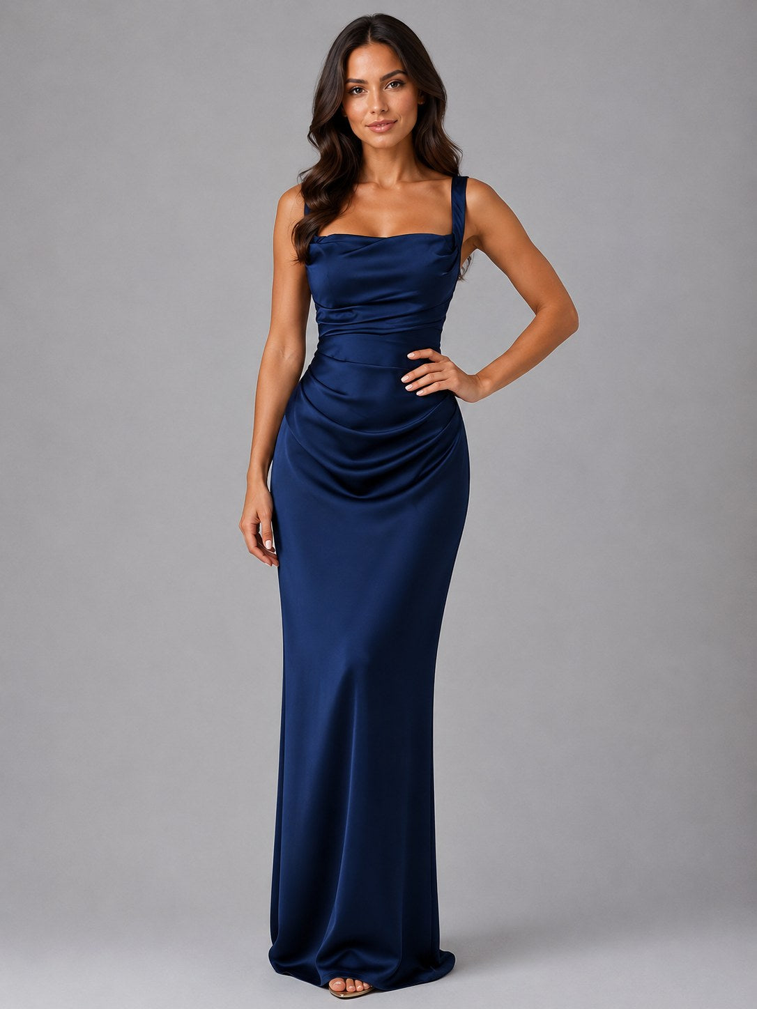 Nora | Women's Satin Maxi Dress with Ruched Waist, Sculpted Evening Dress | My Sweet Wardrobe