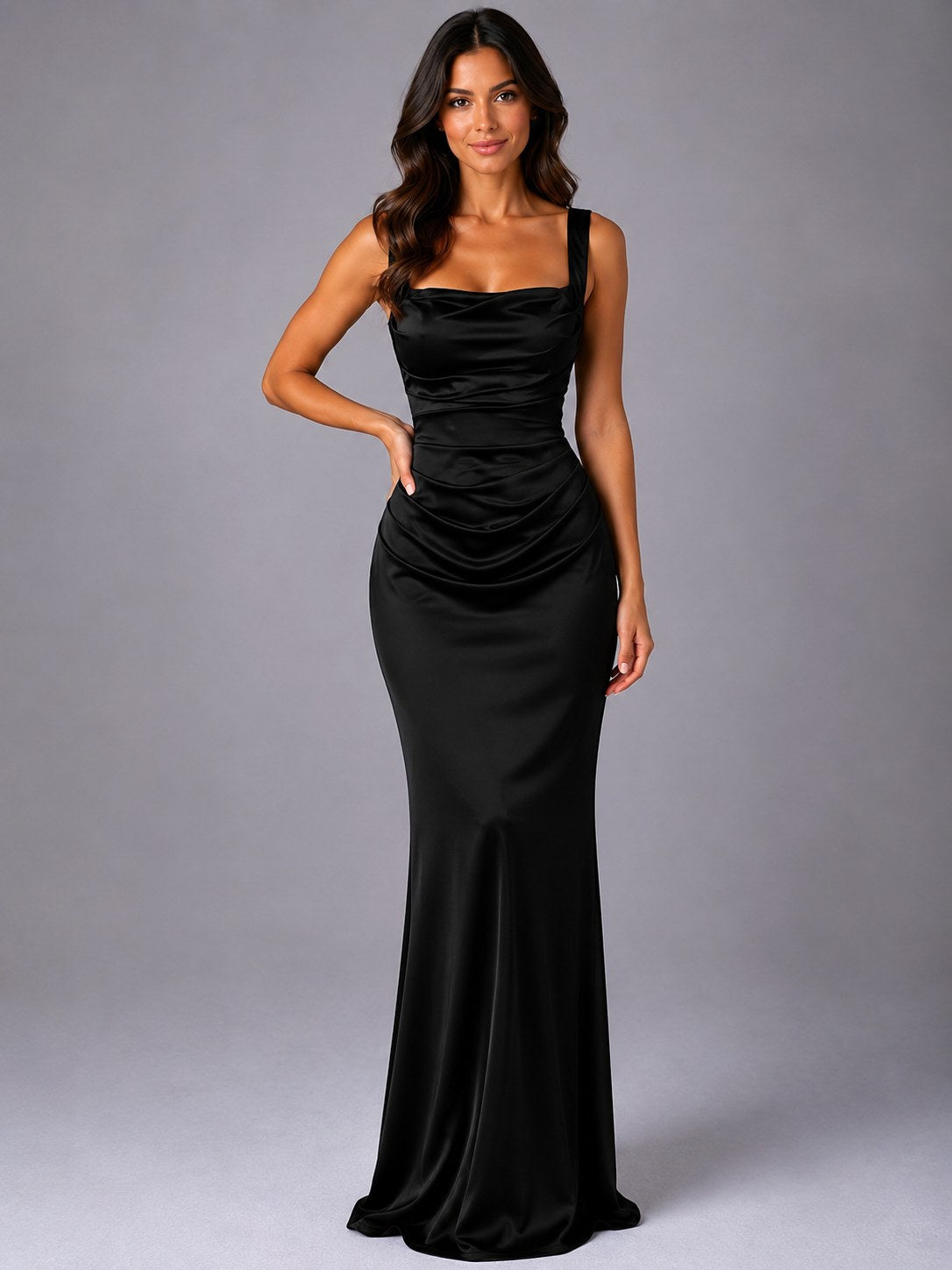 Nora | Women's Satin Maxi Dress with Ruched Waist, Sculpted Evening Dress | My Sweet Wardrobe