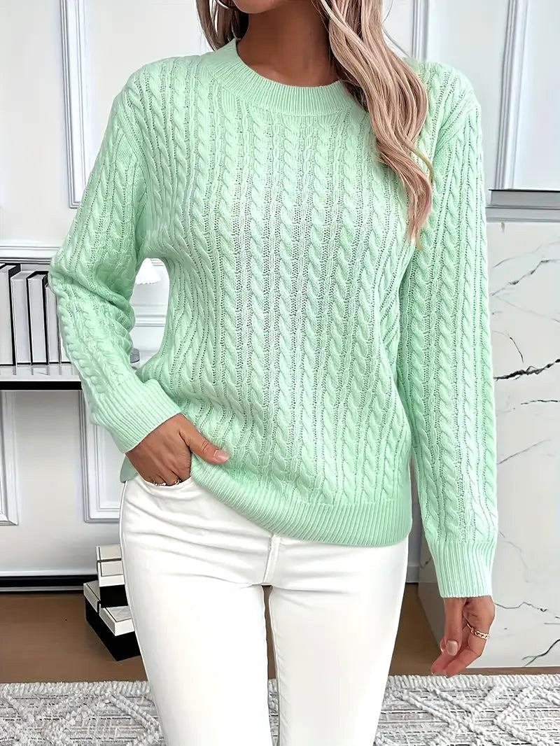 Odile | Women's Long Sleeve Cable Knit Jumper, Textured Autumn Sweater | My Sweet Wardrobe | Light Green