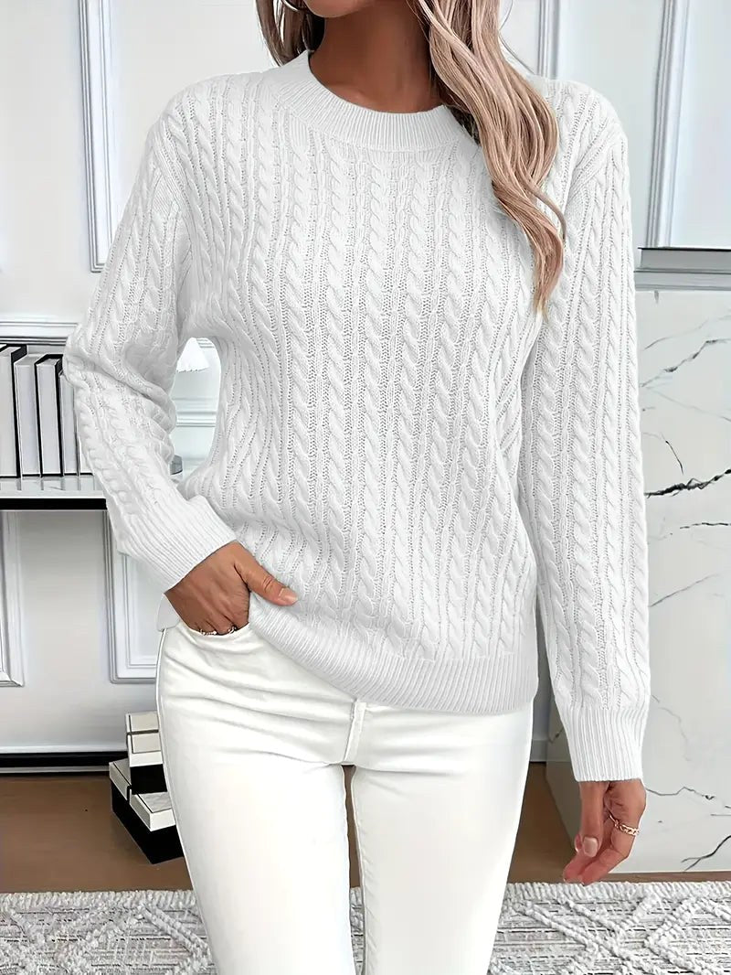 Odile | Women's Long Sleeve Cable Knit Jumper, Textured Autumn Sweater | My Sweet Wardrobe | White