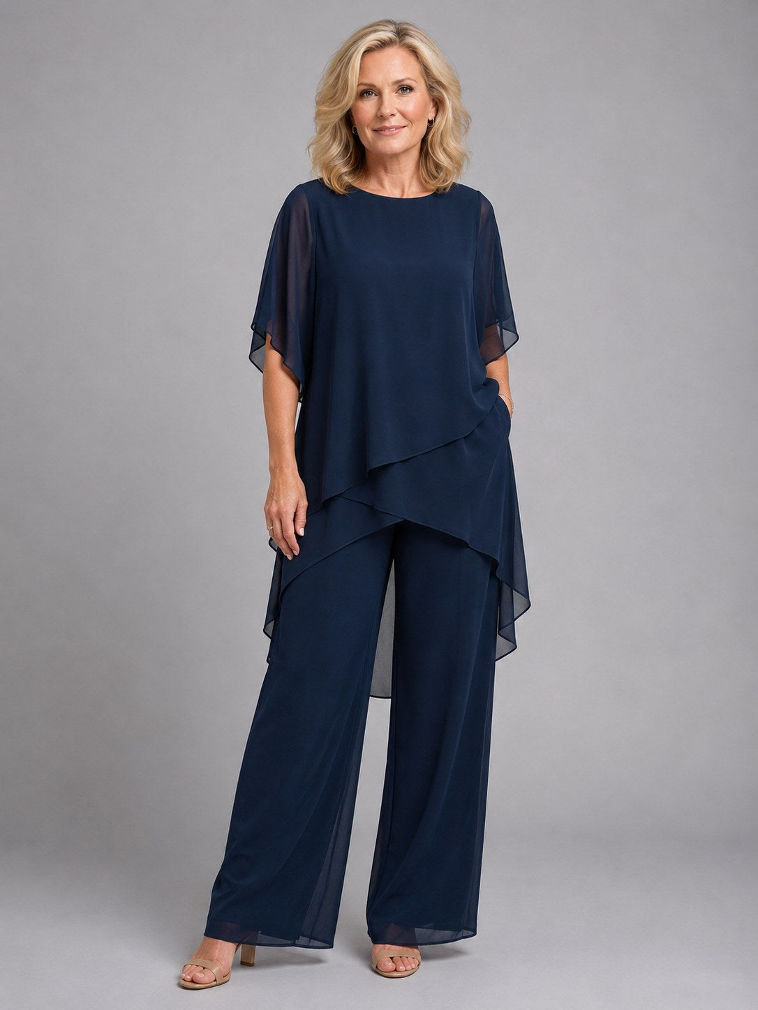 Olive | Women's Chiffon Two-Piece Set, Wide-Leg Trousers Lounge Set | My Sweet Wardrobe | Navy