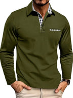 Oliver | Men's Long-Sleeved Polo Shirt, Checked Collar Smart Polo | My Sweet Wardrobe | Olive Green