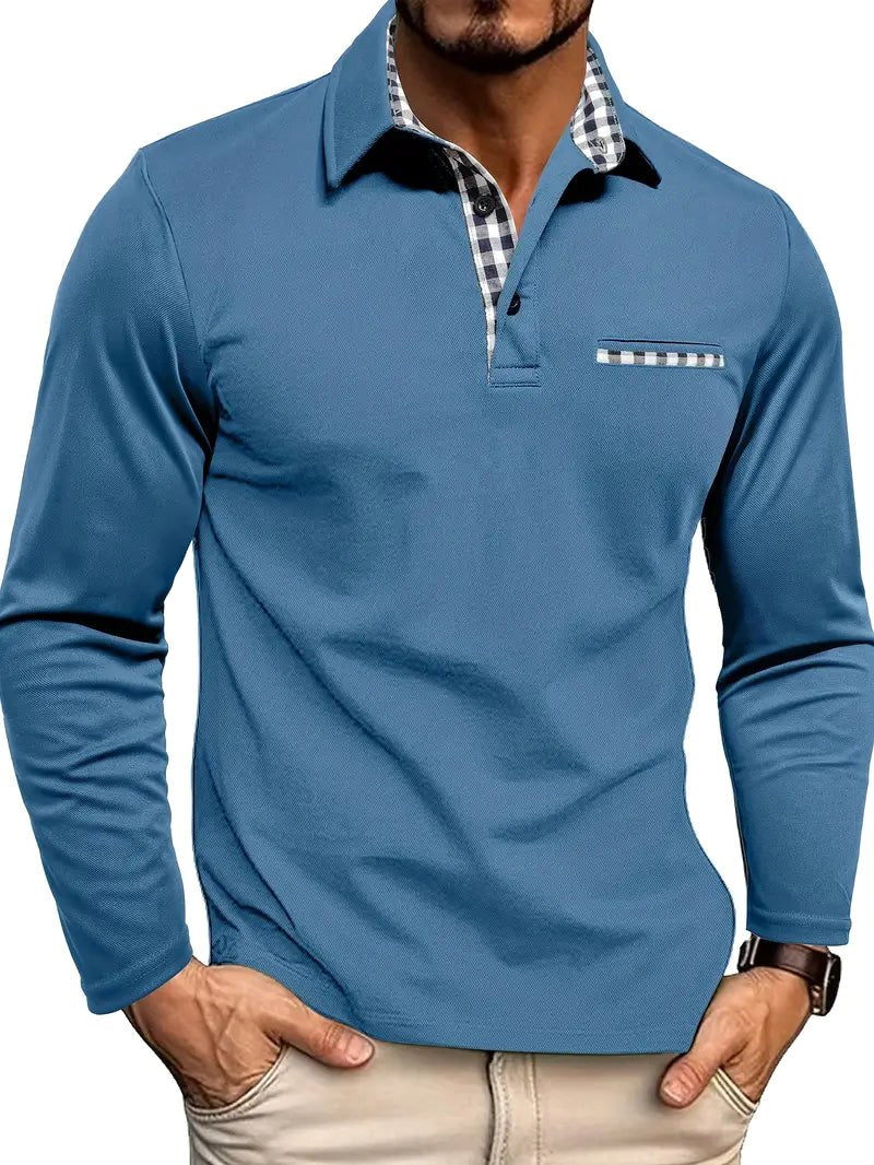 Oliver | Men's Long-Sleeved Polo Shirt, Checked Collar Smart Polo | My Sweet Wardrobe | Light blue