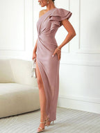 Oliwia | Women's One-Shoulder Evening Dress with Ruffles, Occasion Midi Dress | My Sweet Wardrobe