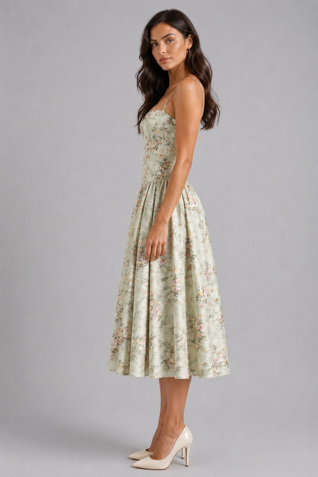 Orla | Women's Floral Corset Midi Dress, Sweetheart Neck Wedding Guest Dress | My Sweet Wardrobe | Cream