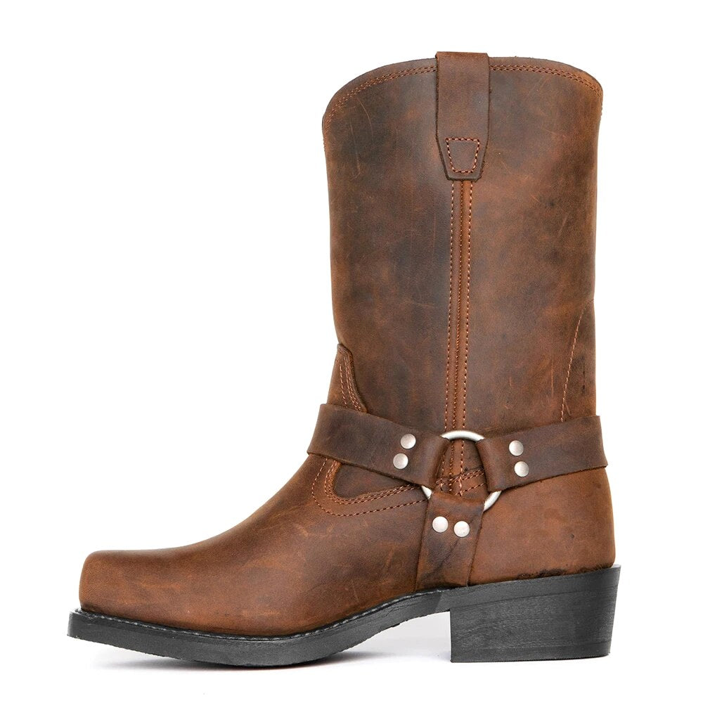 Oswin | Men's Mid-Calf Cowboy Boots, Harness Style Western Boots | My Sweet Wardrobe | Brown